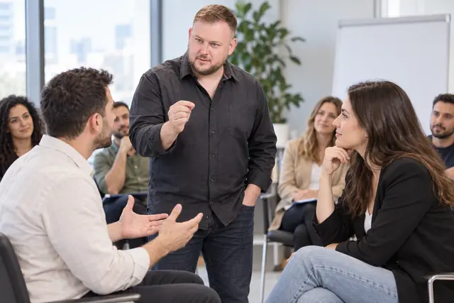 גבר עומד ומדבר עם שני משתתפים בזמן מפגש צוות משרדי
